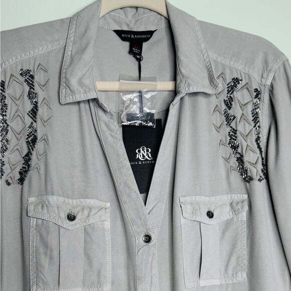 Rock & Republic Womens Gray Western Button-Up Shirt Blouse XL NWT - Picture 7 of 10
